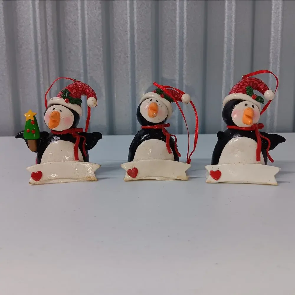 Penguin Christmas Ornaments Set of 3 Black‎ Red Holiday Resin Banner